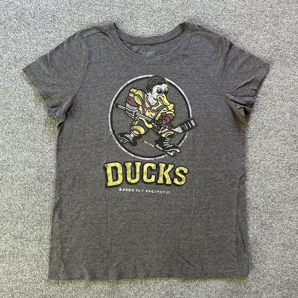 Disney The Mighty Ducks Shirt Womens Small‎ Gray Graphic Tee Ducks Fly Together